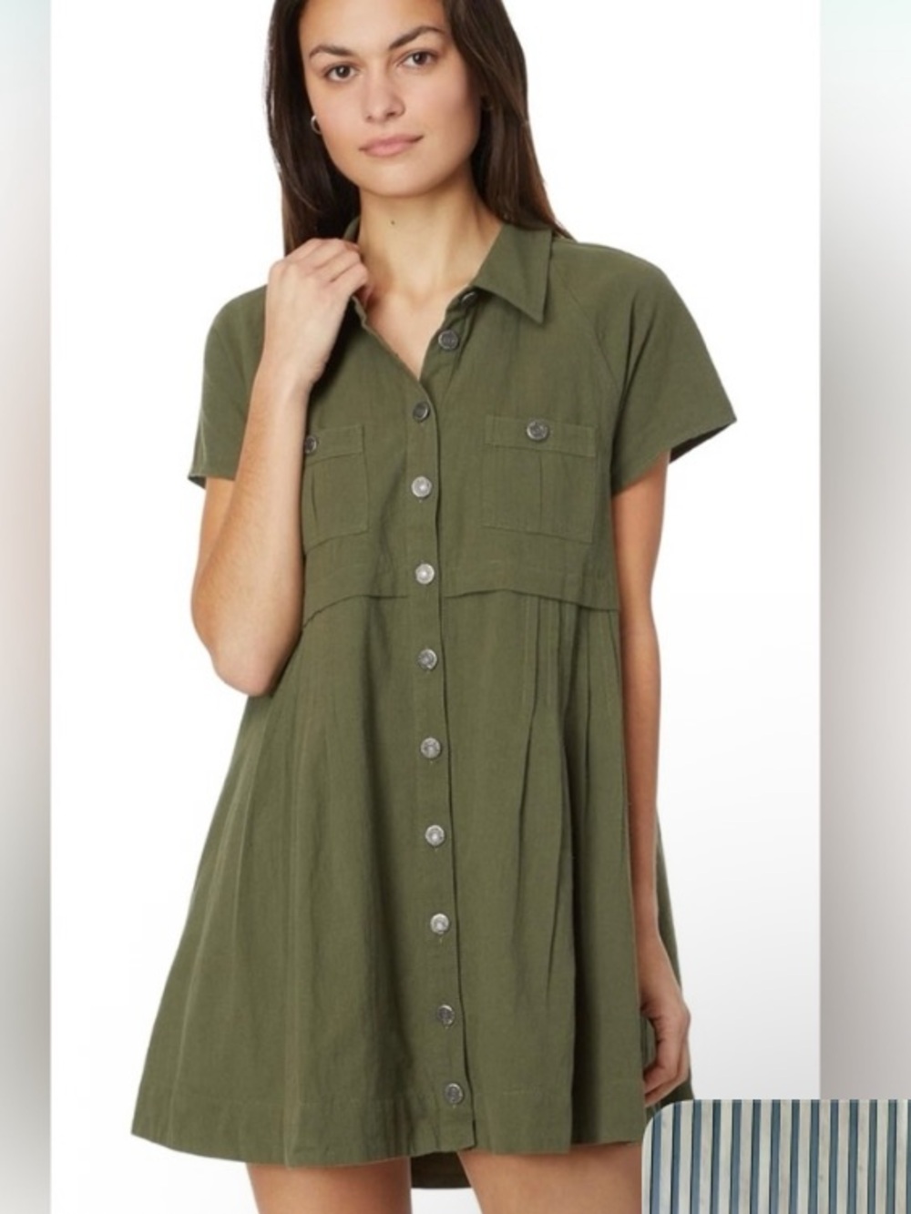 Free People Olive Green Button-Front Short Sleeve Tunic Dress